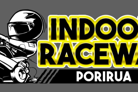 Logo: Cartoon go-kart driver beside 'Indoor Raceway Porirua' text.