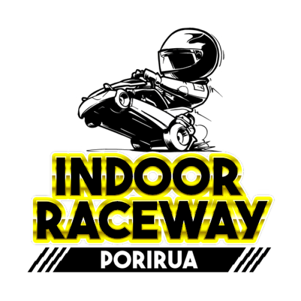 Illustration of go-kart racer above 'Indoor Raceway Porirua' text.