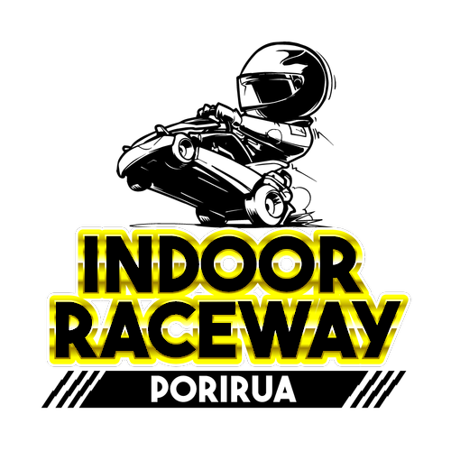 Illustration of go-kart racer above 'Indoor Raceway Porirua' text.